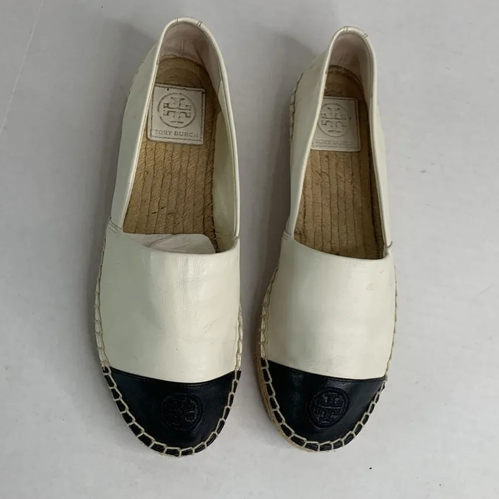 Tory Burch black/white leather color block cap toe espadrille flats